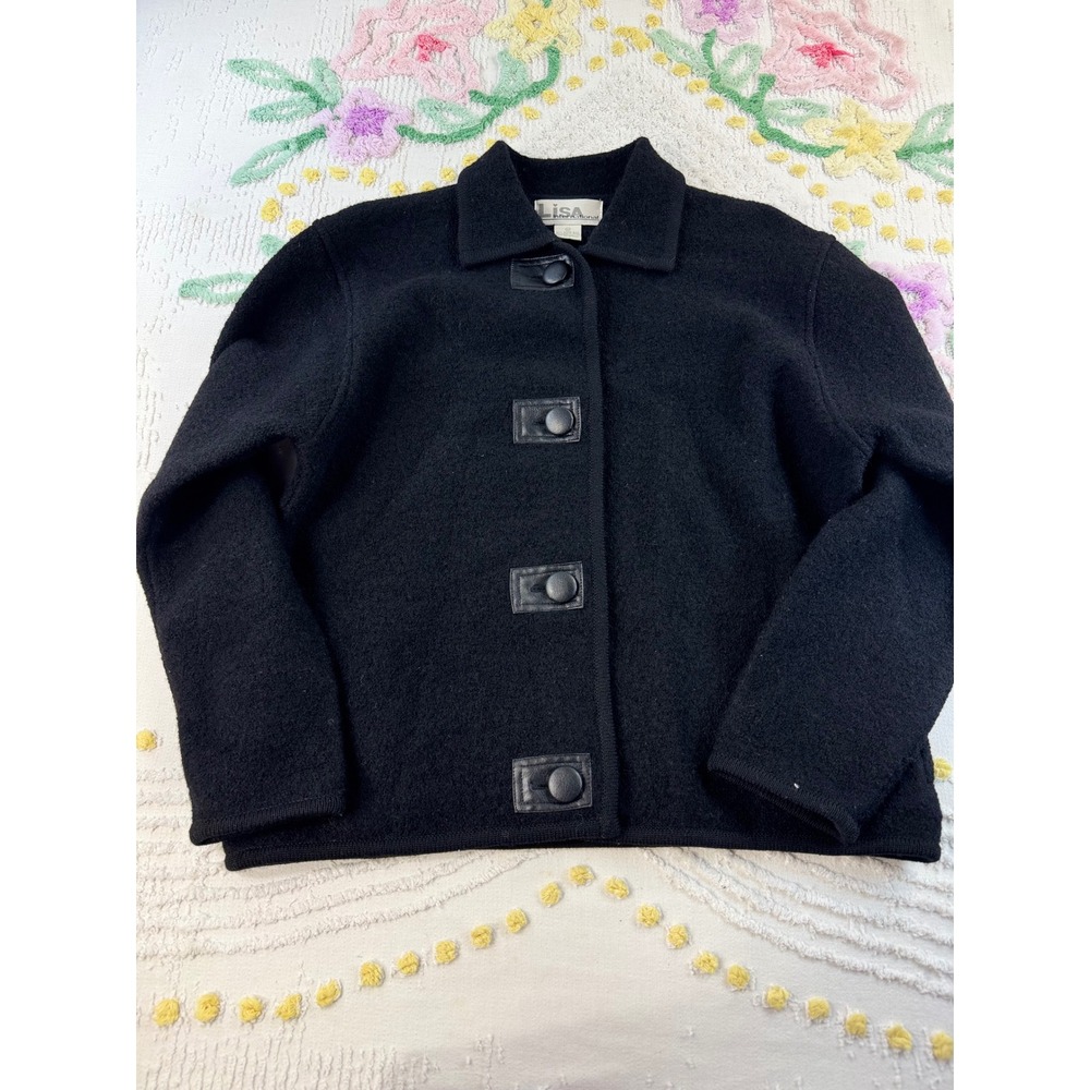 Lisa International Womens vtg Black 100% Boiled Wool Button Front blazer M